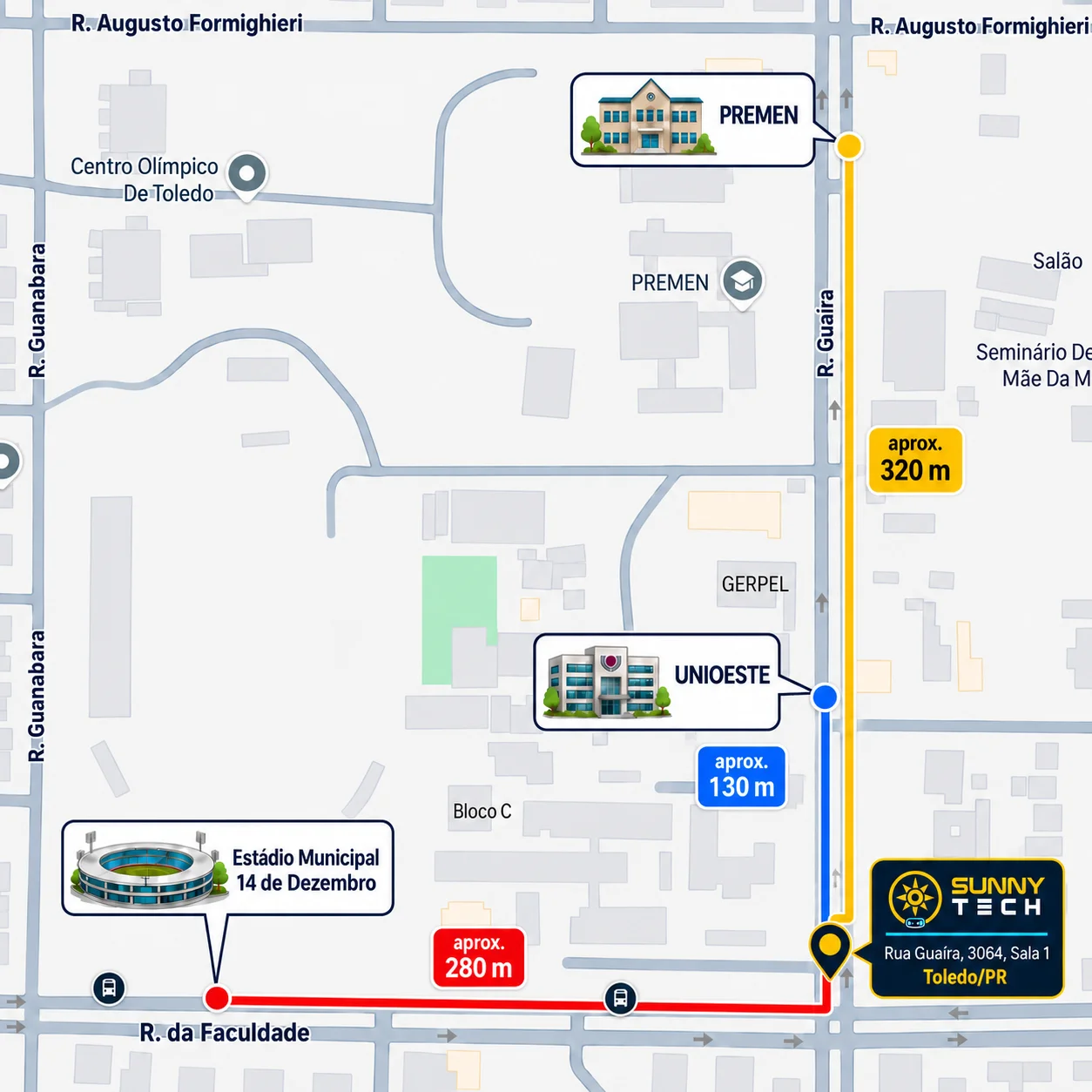 Mapa ilustrativo da Sunny Tech na Rua Guaíra, com Unioeste, PREMEN e Estádio Municipal 14 de Dezembro como referências